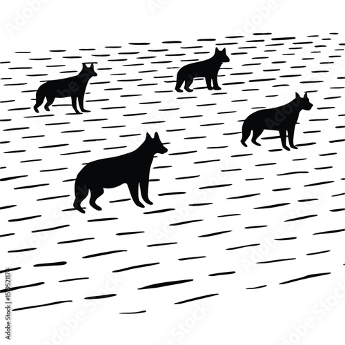 German shepherd silhouettes roaming across a minimalist landscape pattern with a simple line art style