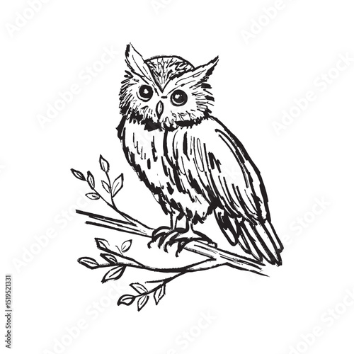 A single owl perched on a tree branch with leaves in black brush stroke texture isolated on white. Hand drawn vector sketch illustration in vintage charcoal ink. Forest animal, wisdom symbol