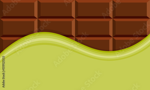Dubai chocolate bar, label, wrapper, pistachio background with chocolate.