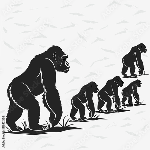 Gorilla family silhouette group walking wildlife conservation graphic design animal vector illustration