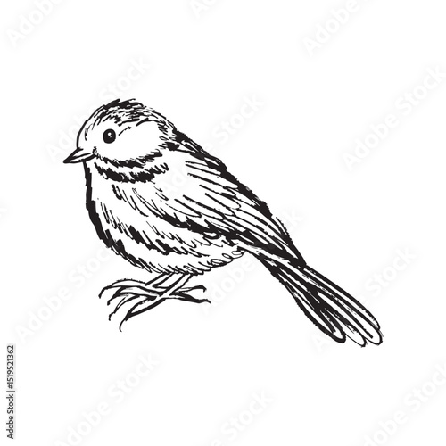 A single realistic sparrow, titmouse bird in black brush stroke texture isolated on white. Hand drawn vector sketch illustration in vintage charcoal ink. Bird design