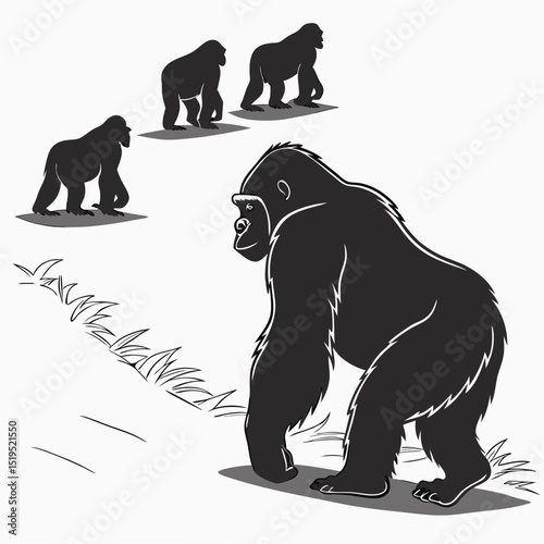 Graphic illustration of gorilla family trekking through tall grass in silhouette