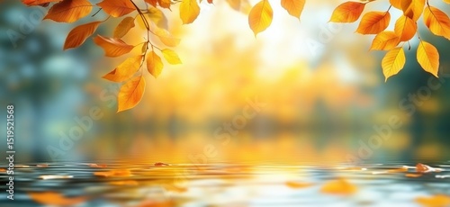 Autumn leaves reflecting on tranquil water surface in golden light