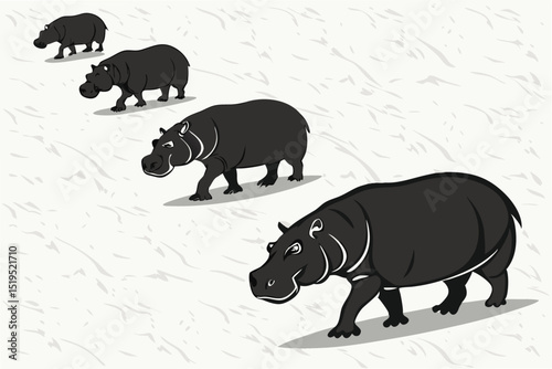 Group of hippopotamuses walking in a row black and white illustration