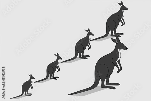 Group of kangaroos in various sizes stand on a light gray background