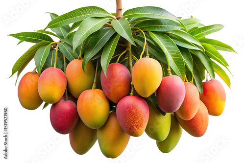 Close up of a mango tree branch laden with ripe mangoes Transparent PNG
