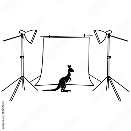 Kangaroo silhouette posing in a professional photo studio with lighting equipment