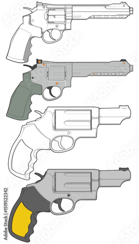 Bundling set of Vector of Revolver art, Shooting gun, Weapon illustration, Vector Revolver, Gun illustration, Modern firearm, Military concept, Pistol vector.