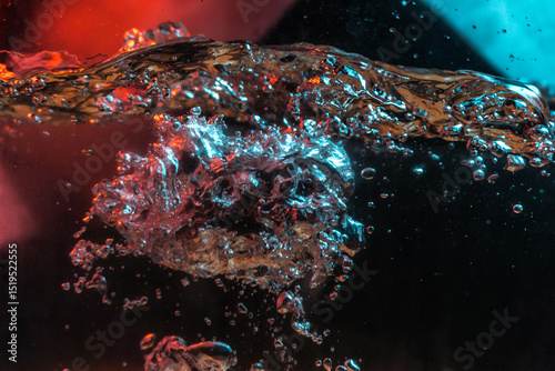 water texture rumbling chaos with bubbles created by air escaping outside in blue and red light