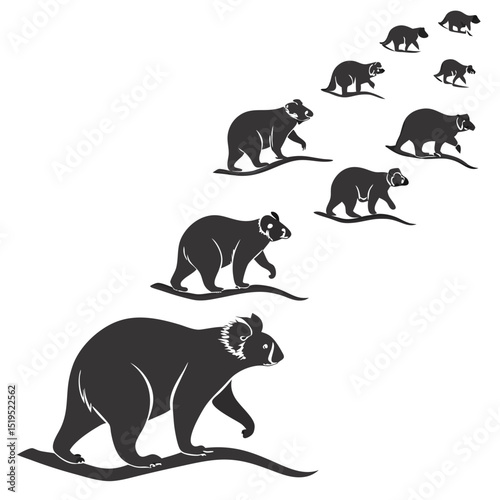 Koala family walking black silhouette isolated on white background vector illustration