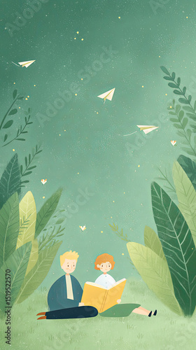 Dad and child read books on the grass together