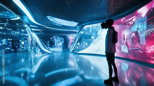 A person wearing a VR headset stands in a futuristic hallway with vibrant digital displays