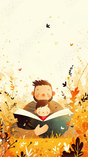 Dad and child read books on the grass together