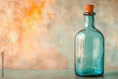 Teal glass bottle with cork stopper against a textured background.
