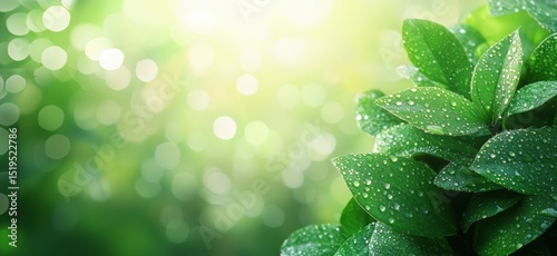 Fresh green leaves with water droplets on blurred background of nature