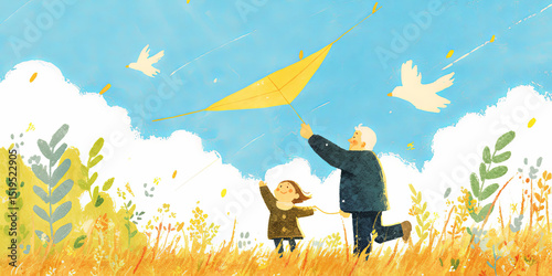 Dad and child flying kites on the lawn