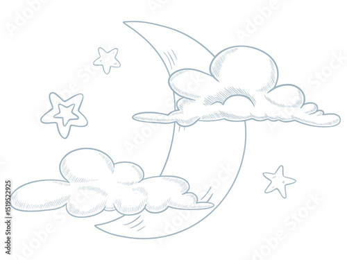 Vector line drawing of a Crescent moon with Clouds and Stars for baby shower invitations or childish greeting cards. Outline illustration of nighttime art for celestial nursery decor in pastel color.