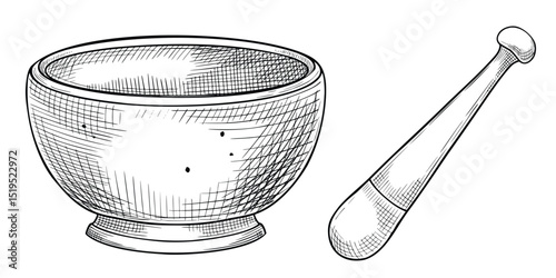 Hand drawn vector illustration of classic Mortar and Pestle for culinary . Linear drawing of kitchen tool for grinding in linear style painted by black inks for cooking book or recipe design.