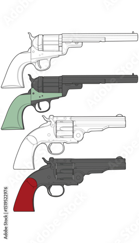 Bundling set of Vector of Revolver art, Shooting gun, Weapon illustration, Vector Revolver, Gun illustration, Modern firearm, Military concept, Pistol vector.