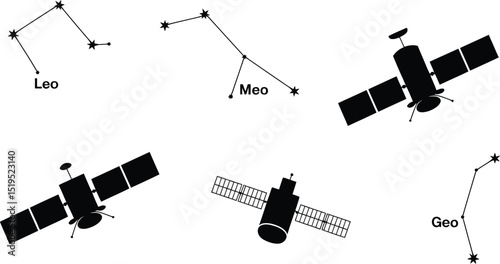 Illustration showing leo meo and geo constellations with satellites in black and white colorscheme