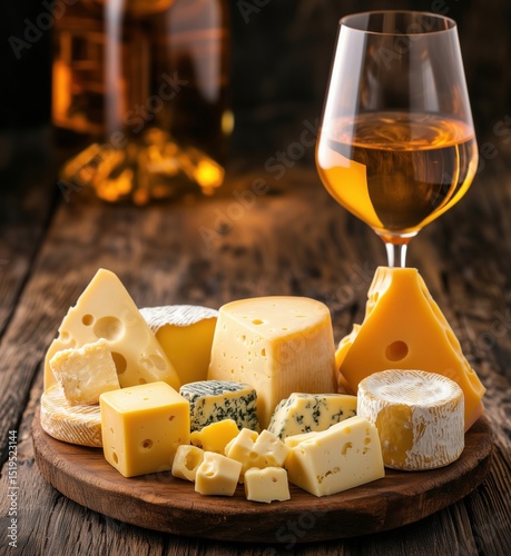 Wallpaper Mural Artisan cheese platter with assorted cheeses and glass of wine on wooden table Torontodigital.ca