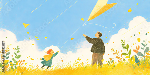 Dad and child flying kites on the lawn