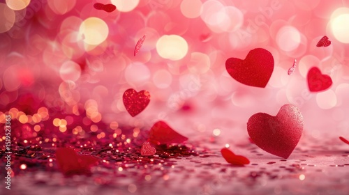 Romantic valentine love concept background with flying red hearts and bokeh lights effect and place for text