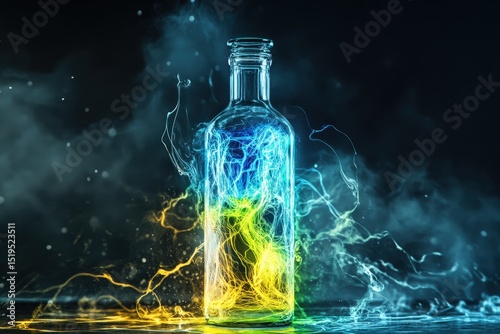 Vibrant bottle with swirling neon colors.