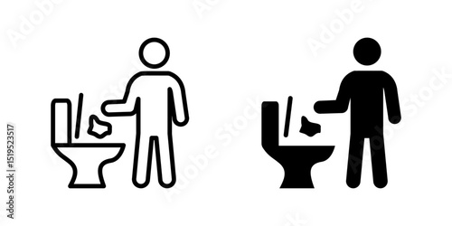 Toilet trash icon. Person throwing waste into toilet bowl vector illustration. Hygiene and bathroom etiquette symbol. Used in public restrooms and sanitation instructions sign. Cleanliness pictogram.