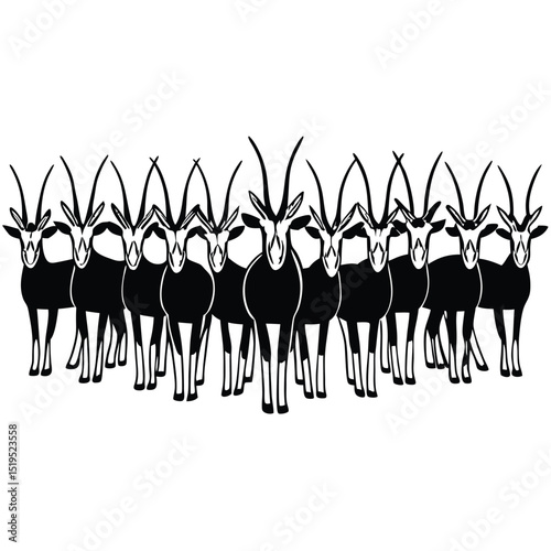 Oryx antelope herd silhouette african wildlife illustration black and white design