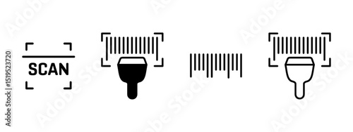 Barcode icon. Handheld scanner reading vertical striped code vector illustration. Retail checkout and inventory tracking symbol. Product labeling and digital commerce sign pictogram.