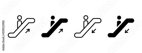 Escalator icon. Person standing on moving staircase with upward and downward arrows vector illustration. Public transport in malls and airports symbol. Automated stairway sign. Mobility pictogram.