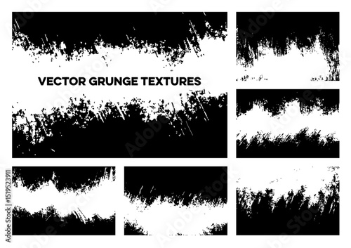 Versatile vector grunge textures set. Black and white distressed abstract backgrounds with rough edges, paint strokes, and splatter effects. Ideal for edgy designs, overlays, and artistic projects.