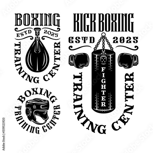 Set of Kick Boxing logo badge in style vintage. Kick Boxing Training equipment logo badge illustration	
