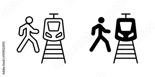 Train danger icon. Person walking near incoming train on railway tracks vector illustration. Warning symbol for pedestrian safety near stations. Risk of accident sign. Hazard alert pictogram.