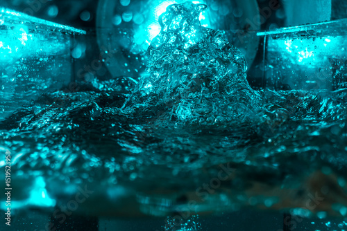 texture of the water is a rumbling chaos with bubbles created by the air escaping outside in the blue light