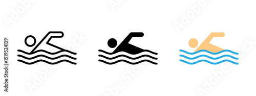 Swimming icon. Person performing front crawl in water with stylized waves vector illustration. Aquatic sport and recreation symbol. Fitness training and summer activity sign. Swimmer pictogram.