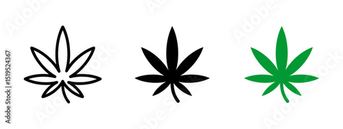 Cannabis icon. Stylized marijuana leaf with pointed tips vector illustration. Hemp plant used in medical and recreational contexts symbol. Organic herb and CBD source sign. Nature-based pictogram.