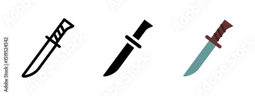 Knife icon. Tactical combat knife with curved blade and ribbed handle vector illustration. Weapon used in military, survival or hunting scenarios. Sharp-edged tool and defense item pictogram.