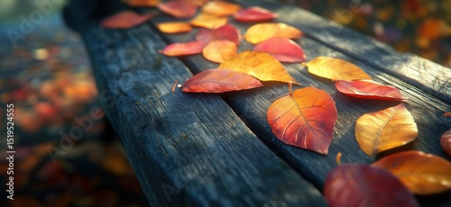 Colorful autumn leaves on weathered wooden bench in serene outdoor setting