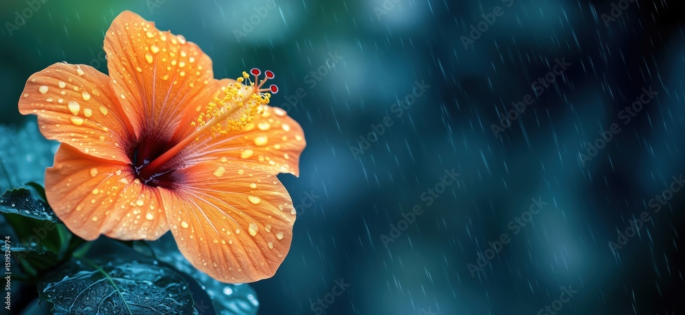 Obraz premium Vibrant orange hibiscus flower with raindrops on petals and blurred background