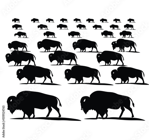Silhouette of a buffalo herd in formation black and white vector illustration