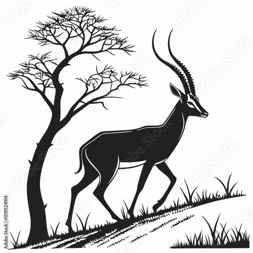 Silhouette of a majestic sable antelope with tall horns under acacia tree