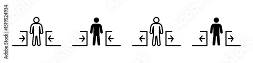 Entry and exit icon. Human figure between directional arrows pointing in and out vector illustration. Wayfinding symbol for access control and navigation. Entrance and departure zone pictogram.