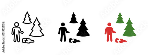 Pollution icon. Person standing near pine trees with litter on the ground vector illustration. Human impact on forest environment symbol. Ecological awareness and waste problem pictogram.