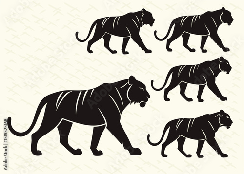 Silhouette of tigers walking in different poses on beige background vector illustration