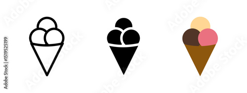 Ice cream icon. Three-scoop cone with different flavors vector illustration. Sweet frozen dessert symbol. Popular summer snack and colorful dairy treat pictogram.