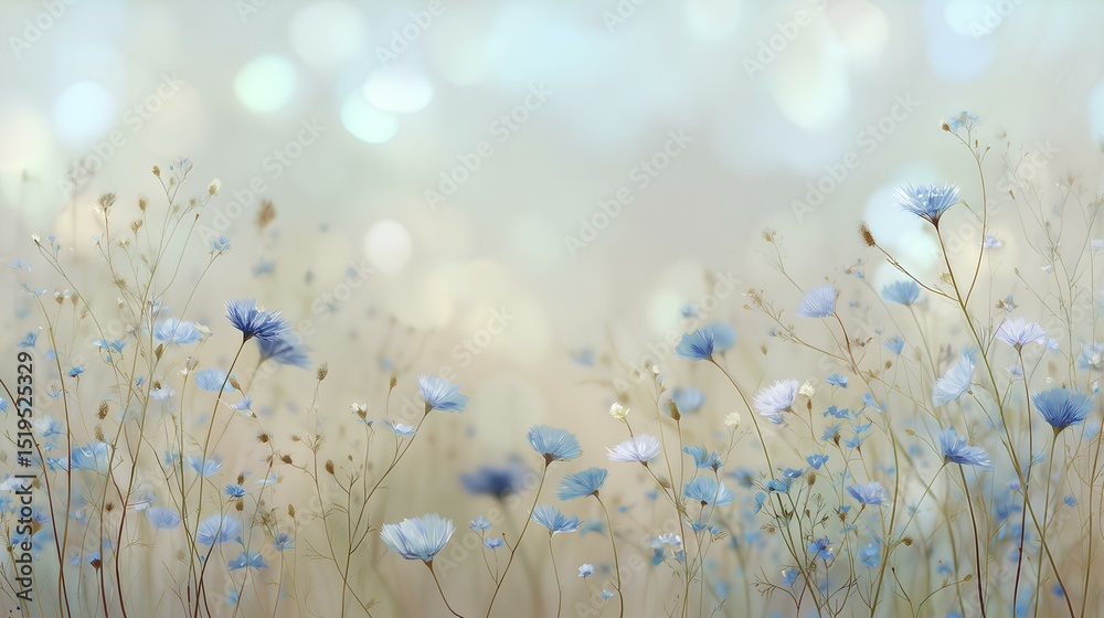Fototapeta premium Elegant summer background with wild grasses and soft blue flowers, cool tones and light bokeh, calm natural scene with blank space for text
