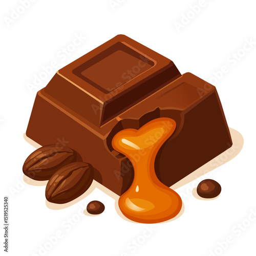 Vector illustration of melting chocolate bar with caramel filling and cocoa beans for World Chocolate Day.