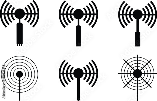 Illustration of six antenna icons in a grid pattern on a white background showing signal transmission